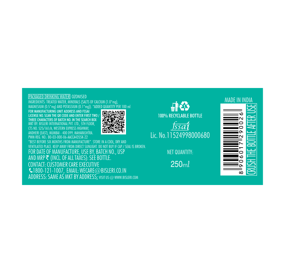 Bisleri 250 ML Packaged Drinking Water back label